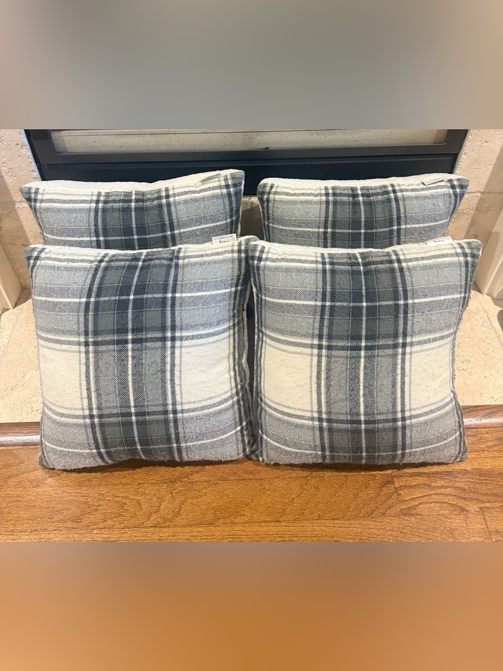 Set of 4 Studiochic Home Blue Plaid & Cream Sherpa Throw Pillows